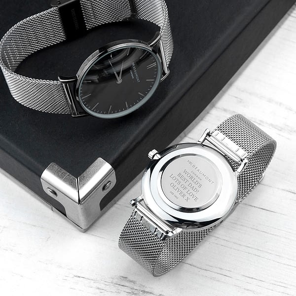 Personalised Men's Metallic Silver Watch With Black Face