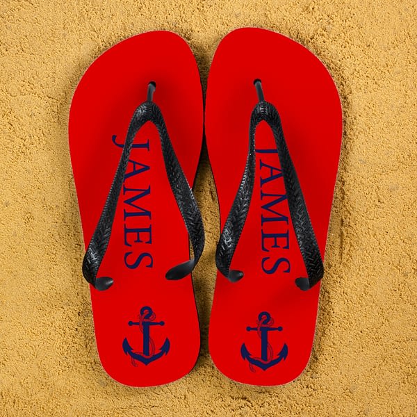 Anchor style Personalised Flip Flops in Red and Blue