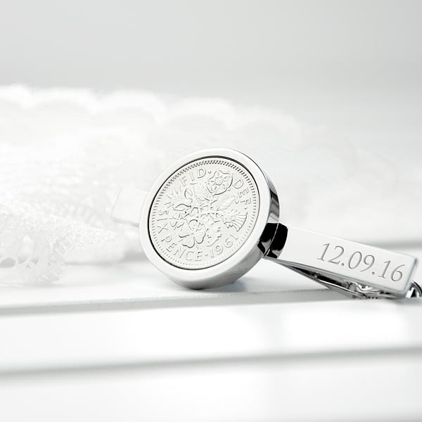 Personalised Silver Plated Lucky Sixpence Tie Clip