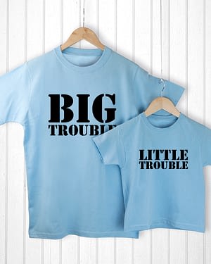 Personalised Daddy and Me Here Comes Trouble Blue T-Shirts