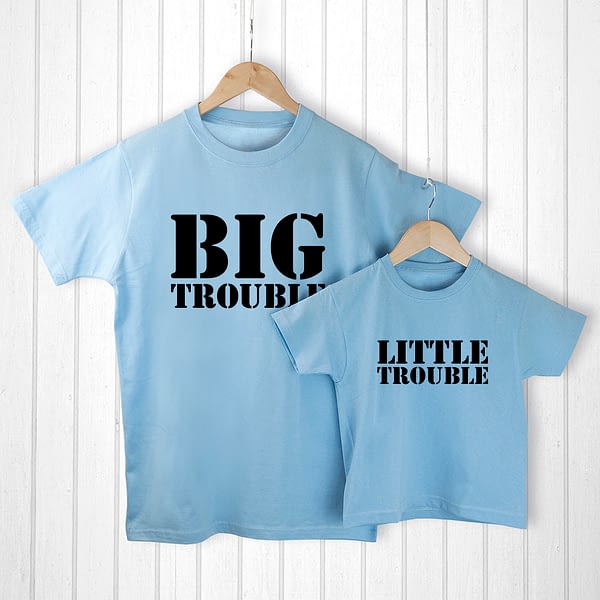 Personalised Daddy and Me Here Comes Trouble Blue T-Shirts