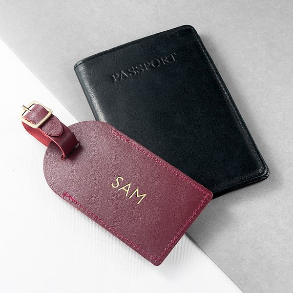 Personalised Burgundy Foiled Leather Luggage Tag