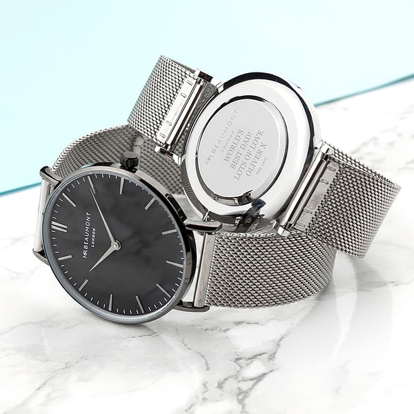 Personalised Men's Metallic Silver Watch With Black Face