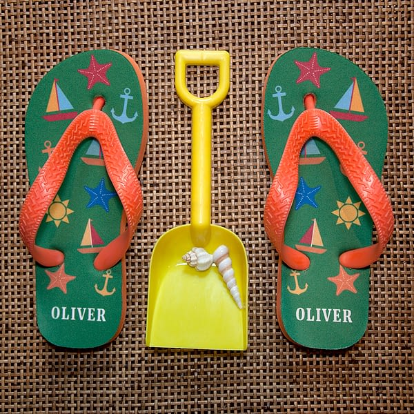 All The Fun At The Beach Child's Personalised Flip Flops In Green