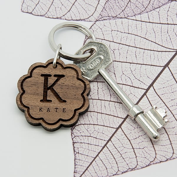 Flower Wooden Keyring with Initial and Name