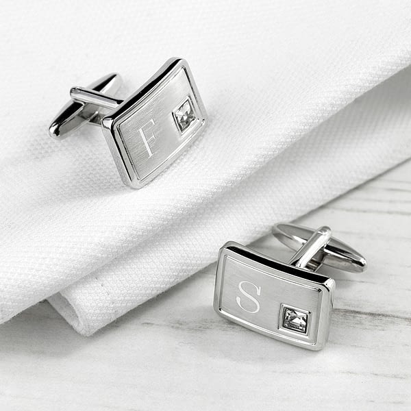 Personalised Brushed Silver Cufflinks With Crystal