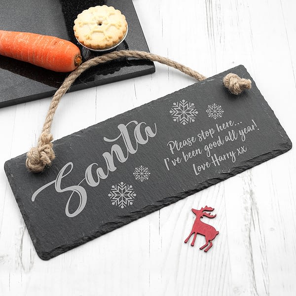 Personalised Santa Please Stop Here Slate Hanging Sign