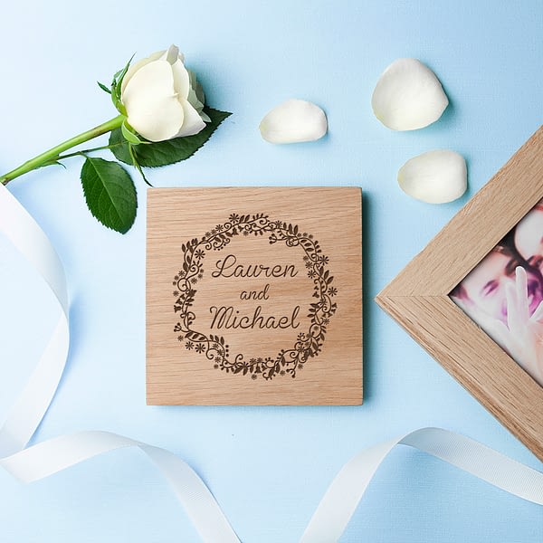 Personalised Romantic Floral Frame Oak Photo Cube