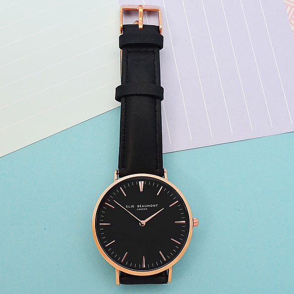 Modern - Vintage Personalised Leather Watch in Black