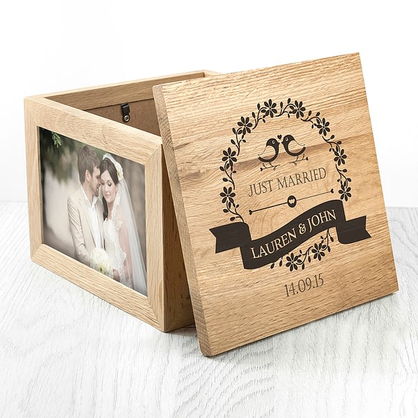 Love Birds' Oak Photo Keepsake Box