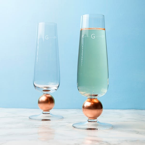 Monogrammed LSA Set Of Two Rose Gold Champagne Glasses