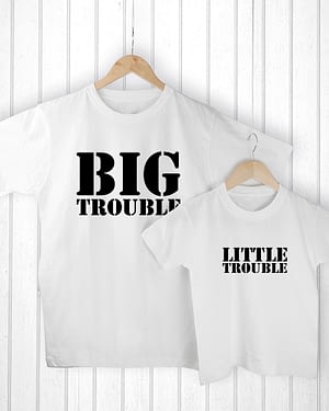 Personalised Daddy and Me Here Comes Trouble White T-Shirts