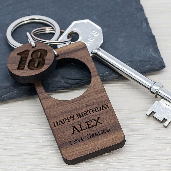 Happy Birthday Walnut Keyring