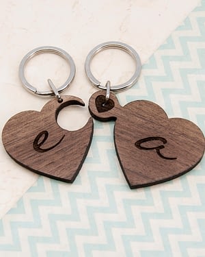 2 Heart Jigsaw Wooden Key Ring - Couple Initials