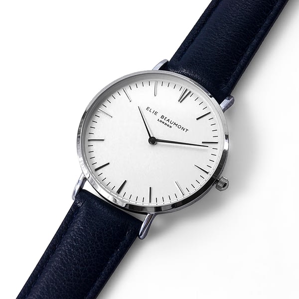 Modern - Vintage Personalised Leather Watch In Navy & Silver