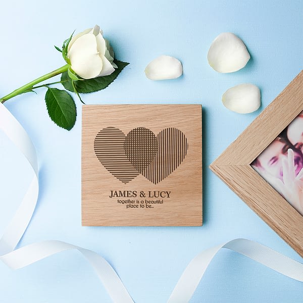 Personalised Heart Venn Diagram Oak  Photo Cube