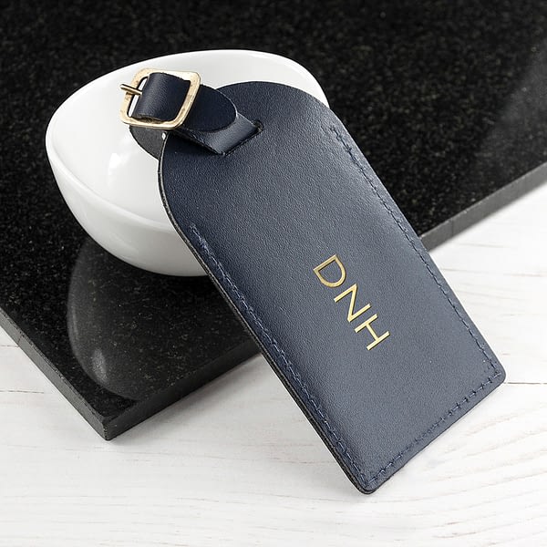 Personalised Navy Foiled Leather Luggage Tag