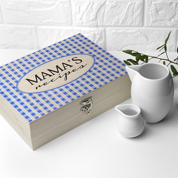 Personalised Gingham Blue Recipe Box