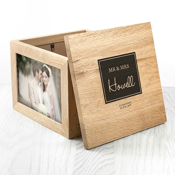 Contemporary Mr & Mrs Oak Photo Keepsake Box