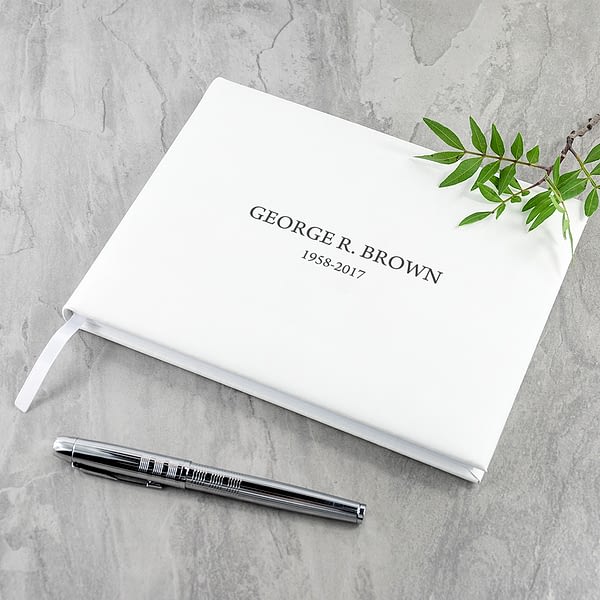 Engraved White Leather Memoriam Book