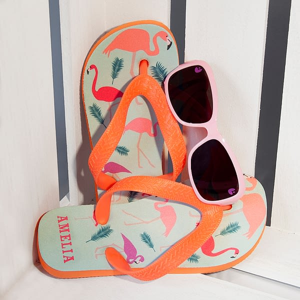 Fabulous Flamingos Child's Personalised Flop Flops