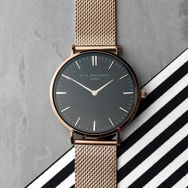 Personalised Rose Gold Mesh Strapped Watch With Black Dial