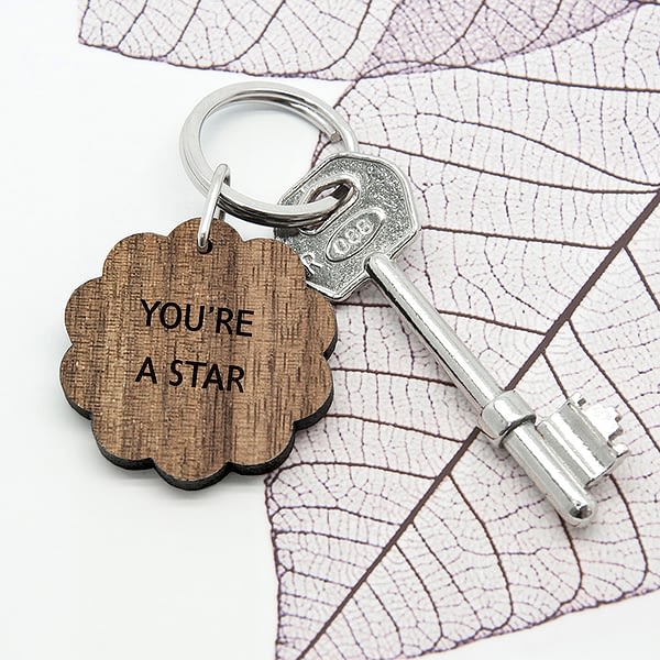 Personalised Flower Shape Walnut Keyring