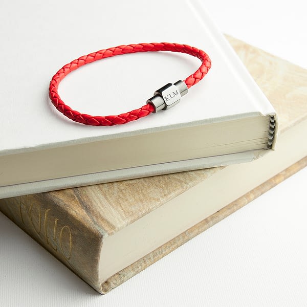 Personalised Unisex Woven Leather Bracelet In Scarlet Red