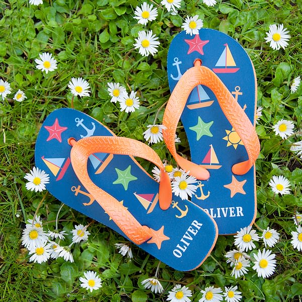 All The Fun At The Beach Child's Personalised Flip Flops In Navy