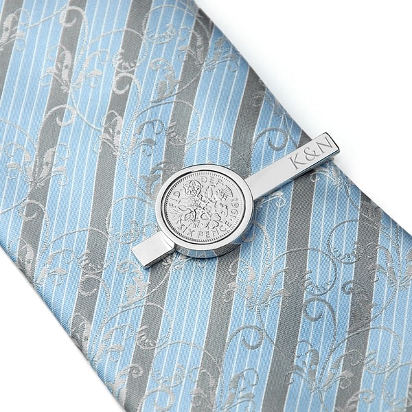 Personalised Silver Plated Lucky Sixpence Tie Clip