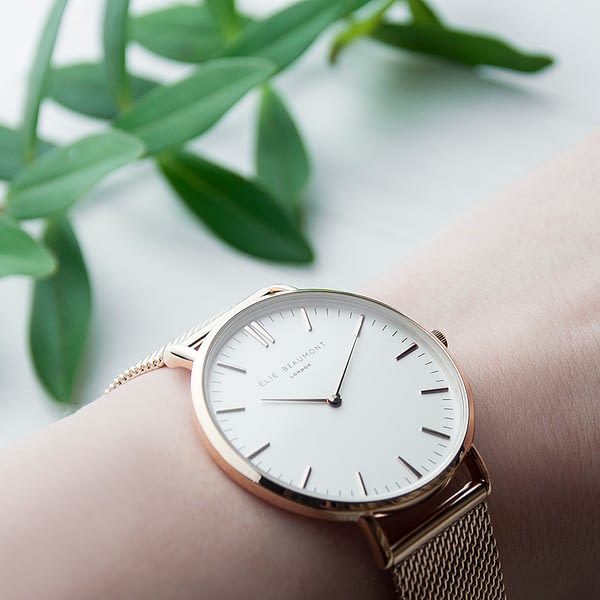 Personalised Rose Gold Mesh Strapped Watch With White Dial