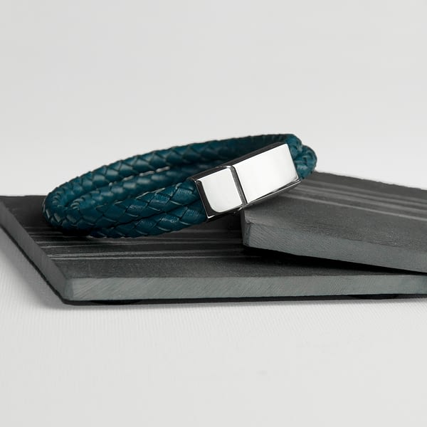 Personalised Men's Dual Leather Woven Bracelet in Teal