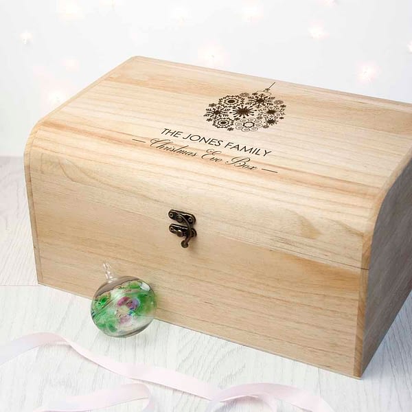 Personalised Family Christmas Eve Chest With Decorative Bauble Design