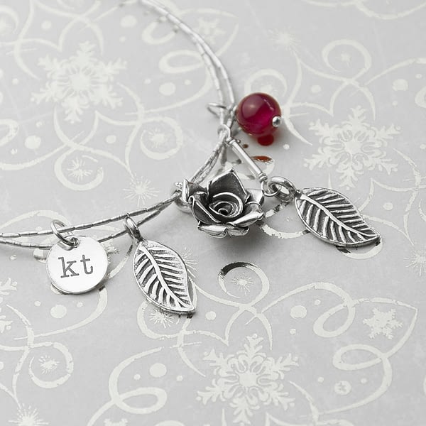 Personalised English Rose Bracelet With Indian Ruby Stones