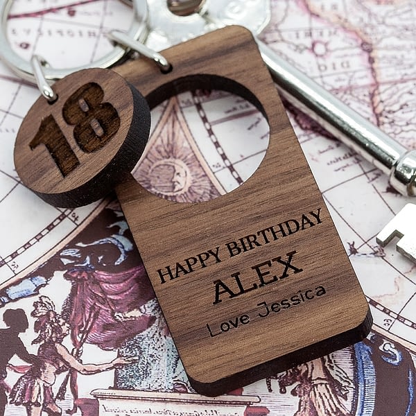 Happy Birthday Walnut Keyring