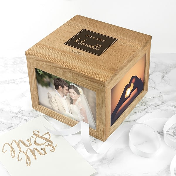 Contemporary Mr & Mrs Oak Photo Keepsake Box