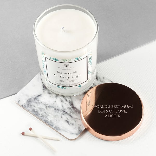 Personalised Bergamot & Clary Sage Candle With Copper Lid