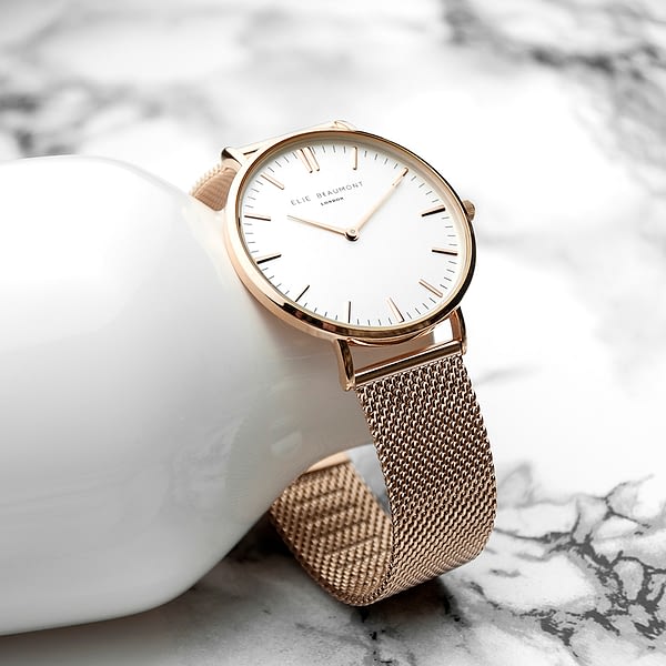 Personalised Rose Gold Mesh Strapped Watch With White Dial