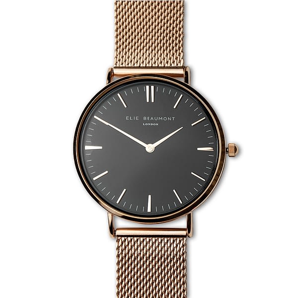 Personalised Rose Gold Mesh Strapped Watch With Black Dial