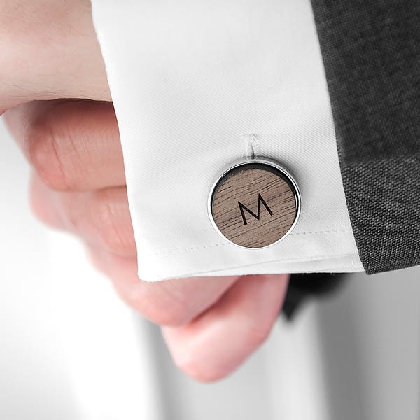 Monogram Engraved Round Walnut Cufflinks