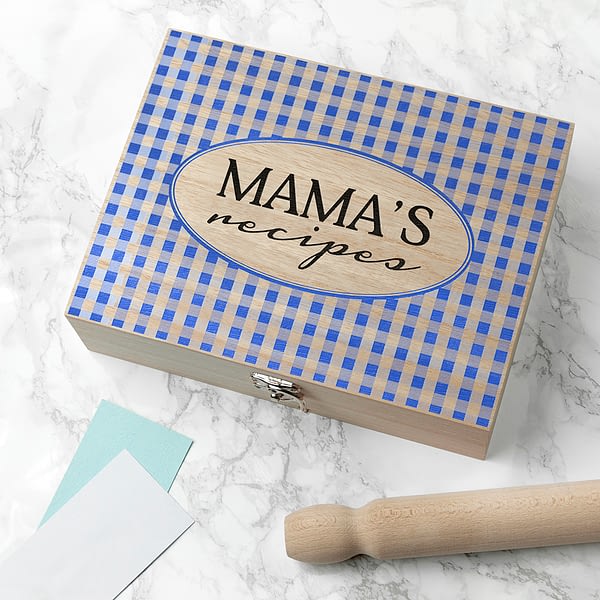 Personalised Gingham Blue Recipe Box