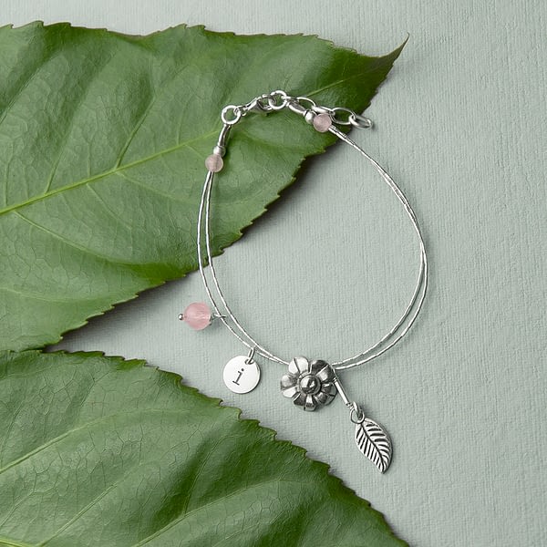 Personalised Forget Me Not Friendship Bracelet With Rose Quartz Stones