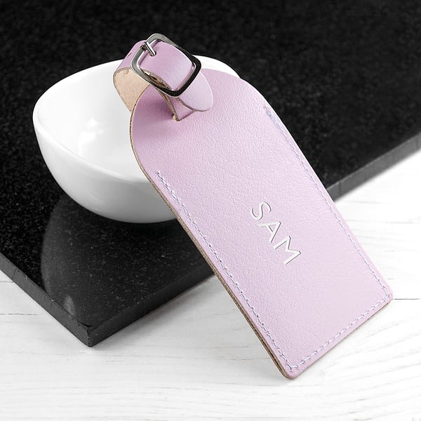 Personalised Lilac Foiled Leather Luggage Tag