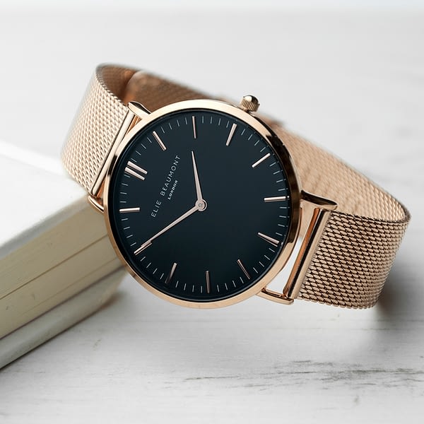 Personalised Rose Gold Mesh Strapped Watch With Black Dial