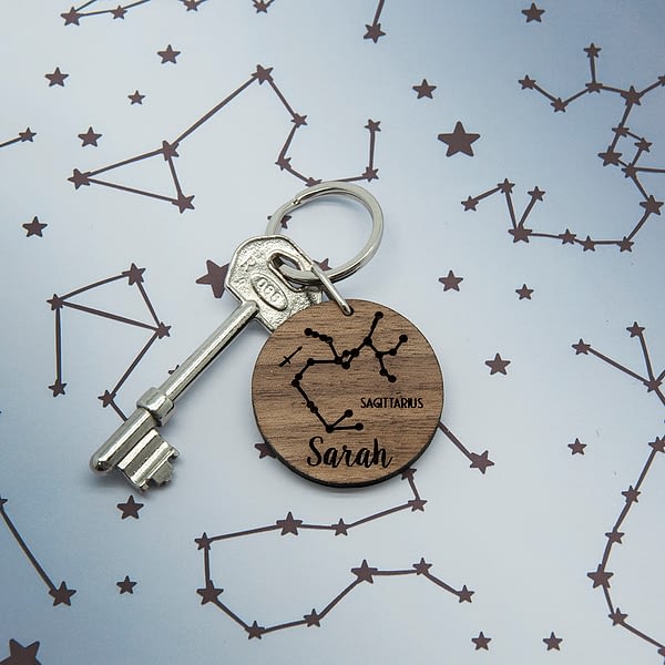 Round Wooden Key Ring - Zodiac sign and name