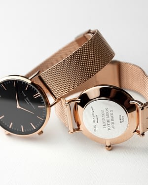 Personalised Rose Gold Mesh Strapped Watch With Black Dial