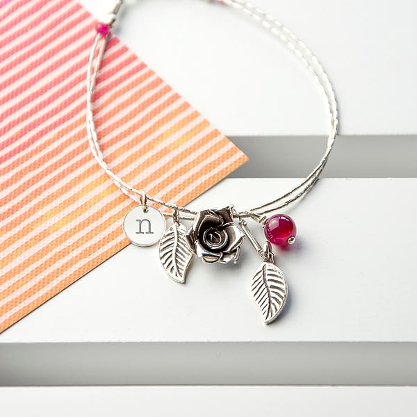 Personalised English Rose Bracelet With Indian Ruby Stones